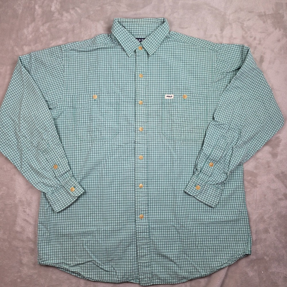 VINTAGE Polo Sport Ralph Lauren Shirt L‎ Green Gingham Button Up Cotton Mens